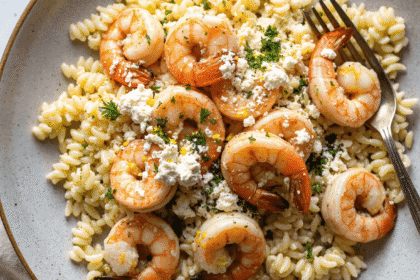 Plated lemon feta orzo shrimp garnished with fresh parsley, served in a rustic ceramic bowl.
