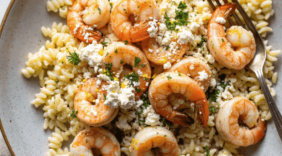 Plated lemon feta orzo shrimp garnished with fresh parsley, served in a rustic ceramic bowl.