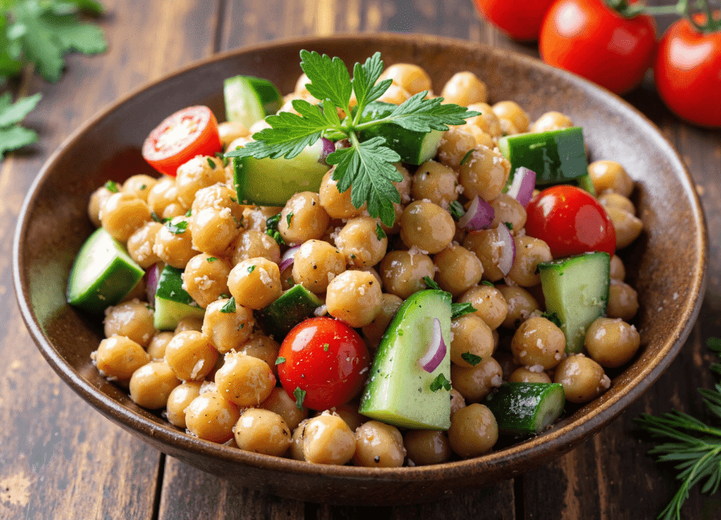 Bowl of lemon pepper chickpea salad with cucumbers, cherry tomatoes, red onion, and fresh parsley garnish.