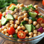 Glass bowl filled with lemon pepper chickpea salad featuring cucumbers, cherry tomatoes, red onions, and a sprinkle of black pepper.