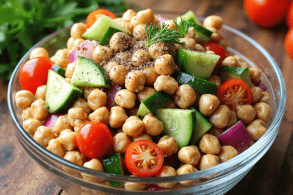 Glass bowl filled with lemon pepper chickpea salad featuring cucumbers, cherry tomatoes, red onions, and a sprinkle of black pepper.