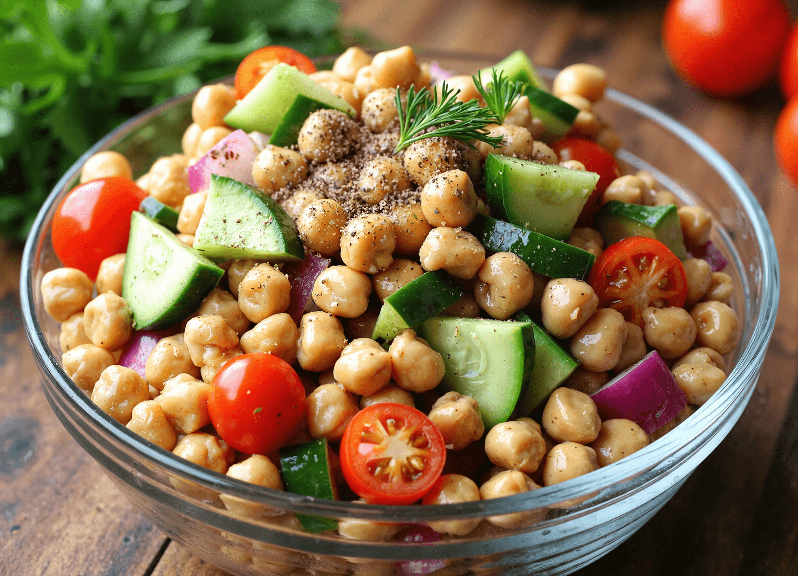 Glass bowl filled with lemon pepper chickpea salad featuring cucumbers, cherry tomatoes, red onions, and a sprinkle of black pepper.