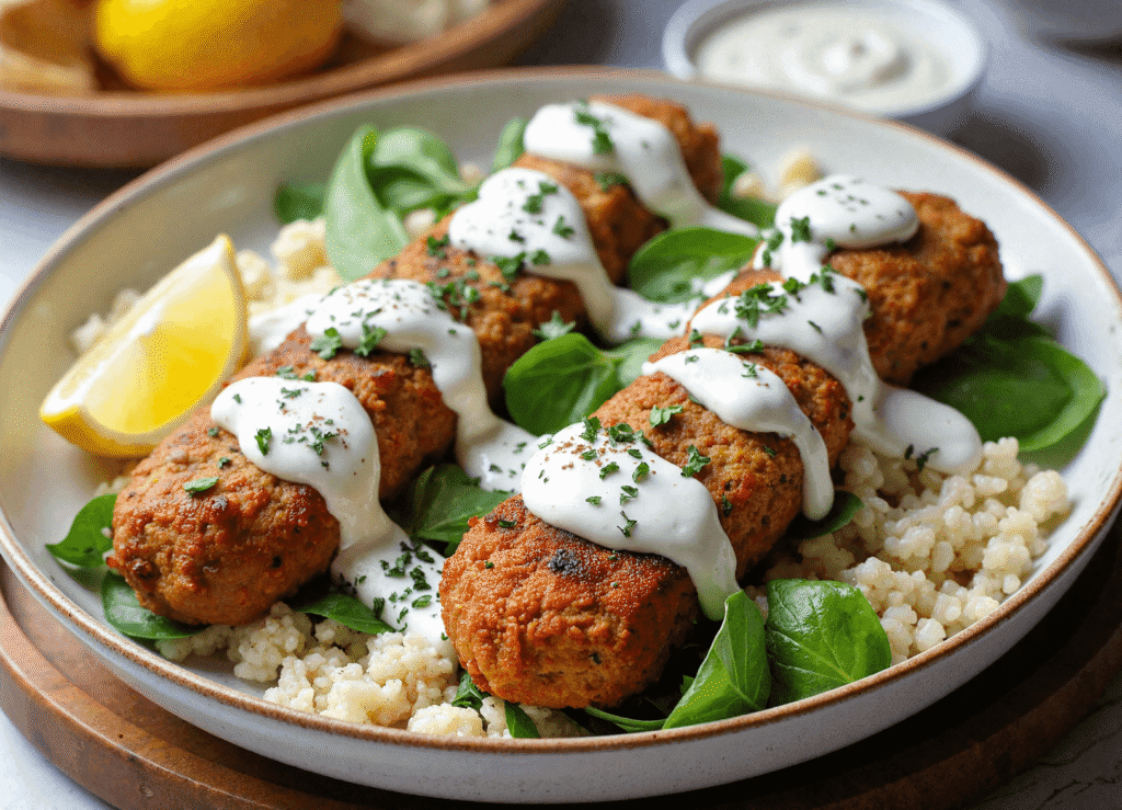 Plated chicken kofta on spinach and cauliflower rice, topped with garlic yogurt sauce and fresh herbs.