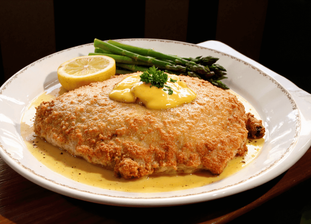 Breaded chicken breast topped with buttery garlic sauce, served with fresh asparagus and lemon on a white plate.