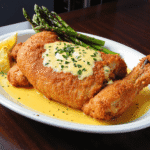 Golden breaded chicken pieces drizzled with garlic butter sauce, garnished with parsley, and served with asparagus and lemon wedges.