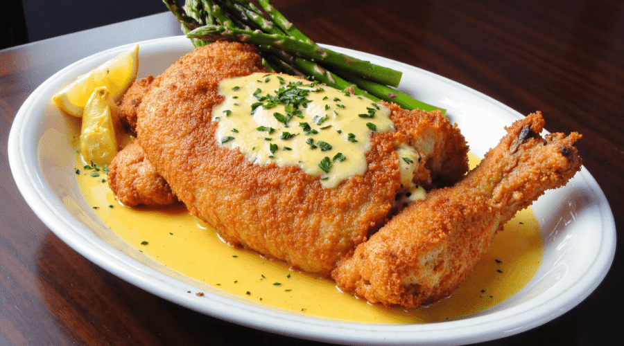 Golden breaded chicken pieces drizzled with garlic butter sauce, garnished with parsley, and served with asparagus and lemon wedges.