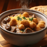 Bowl of crispy tater tots topped with rich sausage gravy, melted cheddar cheese, and fresh parsley served hot on a wooden board.