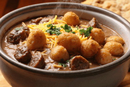Bowl of crispy tater tots topped with rich sausage gravy, melted cheddar cheese, and fresh parsley served hot on a wooden board.