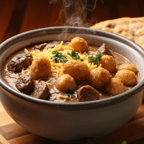 Bowl of crispy tater tots topped with rich sausage gravy, melted cheddar cheese, and fresh parsley served hot on a wooden board.