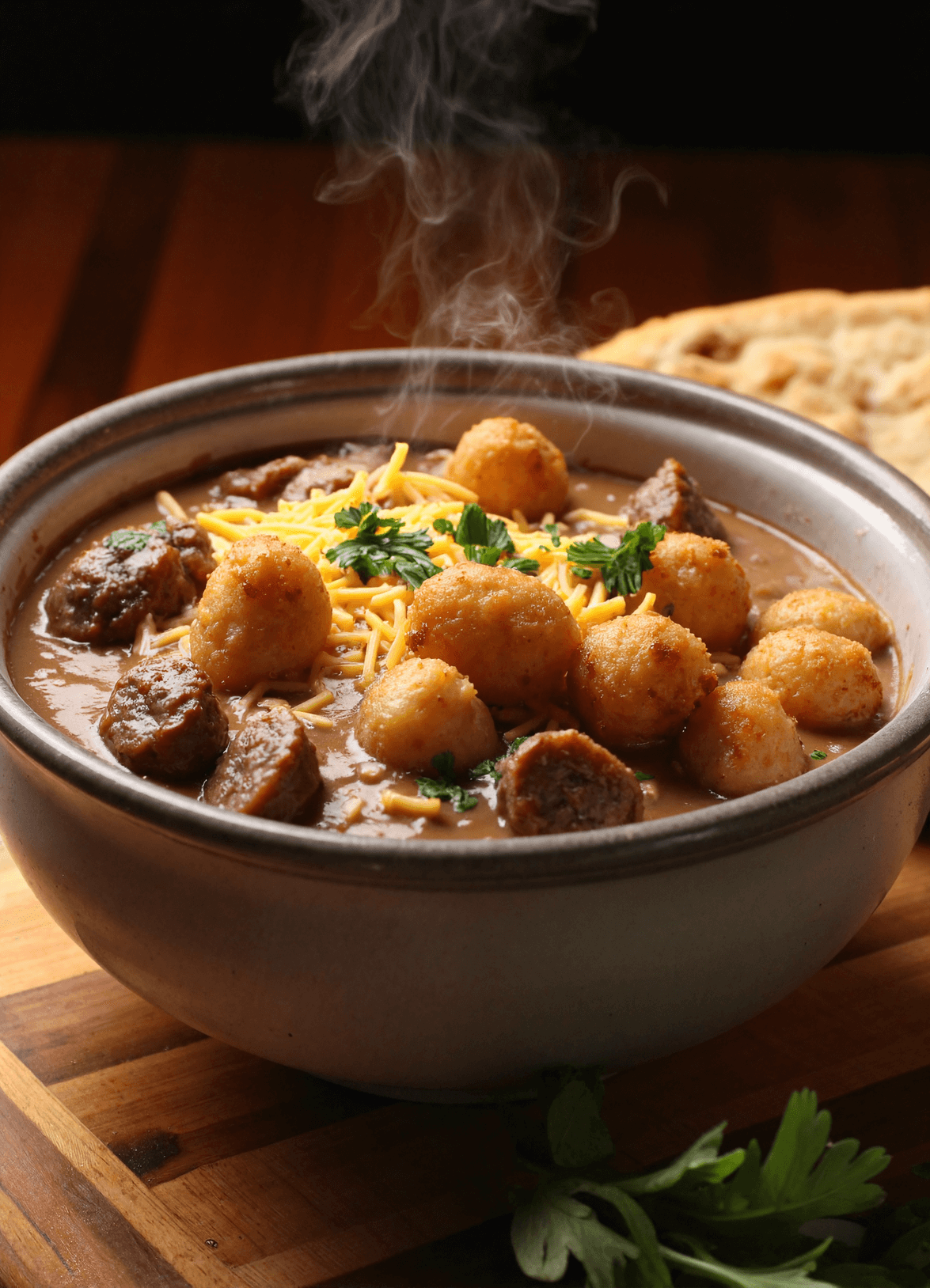 Bowl of crispy tater tots topped with rich sausage gravy, melted cheddar cheese, and fresh parsley served hot on a wooden board.