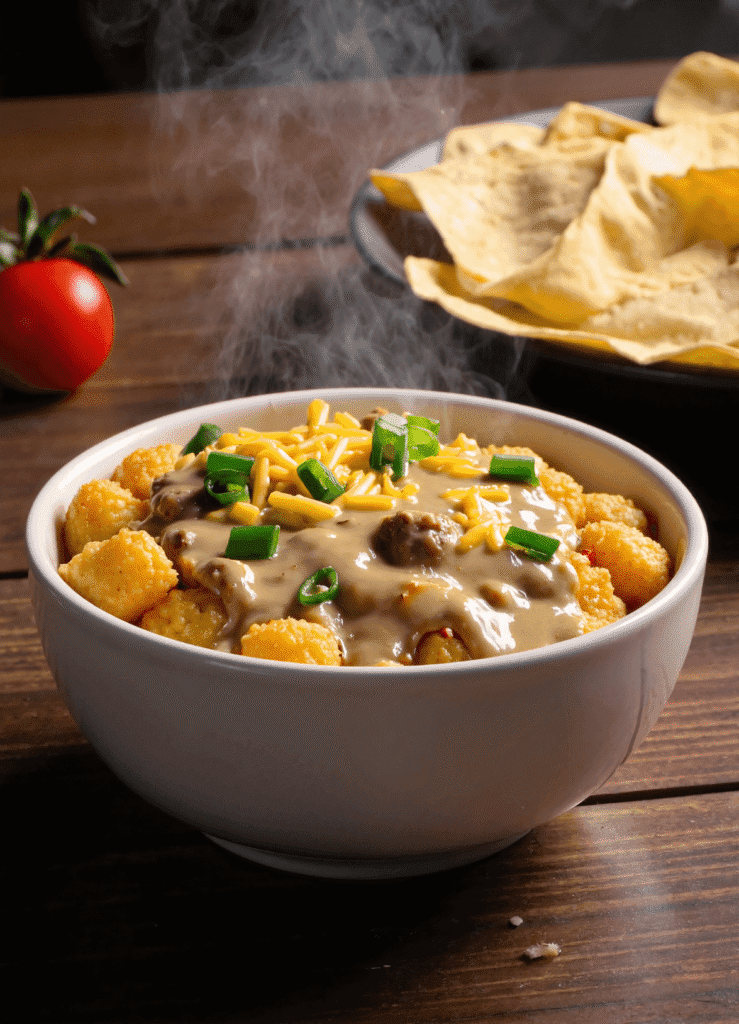 Steaming breakfast bowl filled with golden tater tots, sausage gravy, cheddar cheese, and chopped green onions on a rustic table.