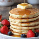 Stack of fluffy vanilla cinnamon pancakes with butter and maple syrup, surrounded by strawberries and blueberries.