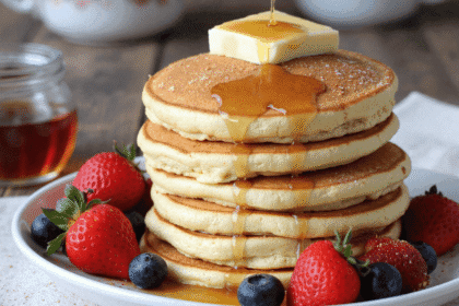 Stack of fluffy vanilla cinnamon pancakes with butter and maple syrup, surrounded by strawberries and blueberries.