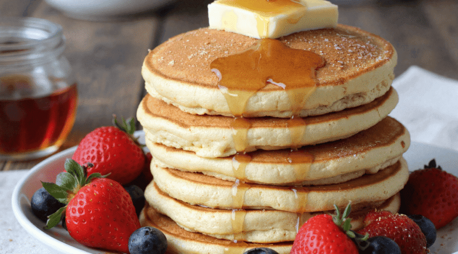 Stack of fluffy vanilla cinnamon pancakes with butter and maple syrup, surrounded by strawberries and blueberries.