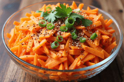 Bowl of spicy carrot salad with sesame seeds, sliced green onions, and fresh cilantro garnish.