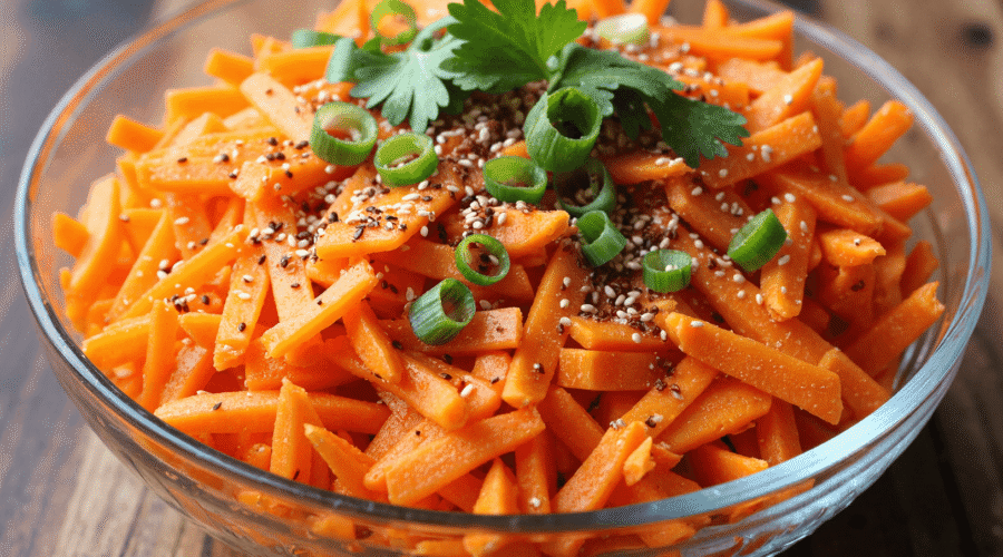 Bowl of spicy carrot salad with sesame seeds, sliced green onions, and fresh cilantro garnish.