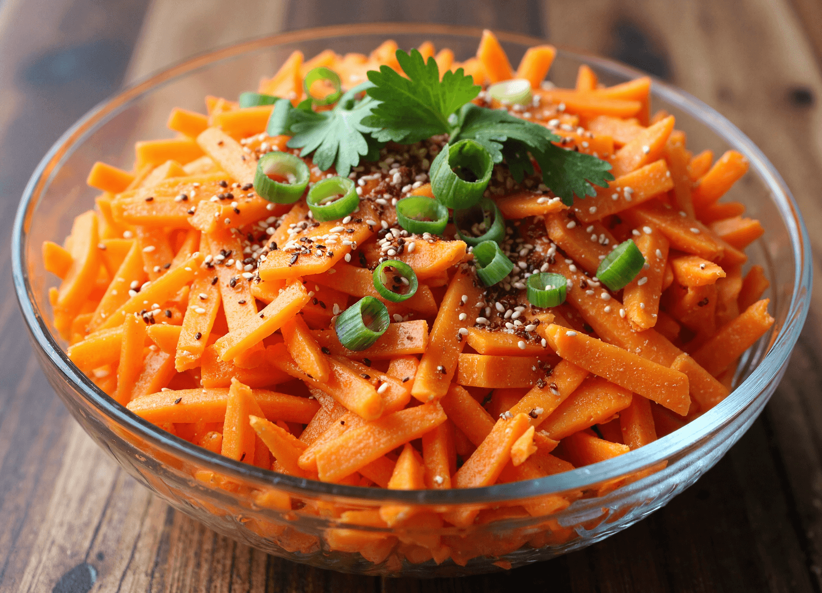 Bowl of spicy carrot salad with sesame seeds, sliced green onions, and fresh cilantro garnish.