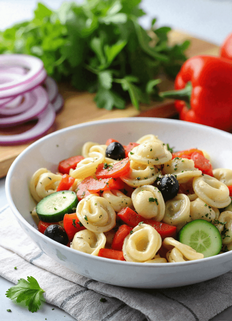 Colorful Italian tortellini pasta salad with red bell peppers, cucumber slices, and black olives in a white bowl, perfect for summer potlucks and BBQs.