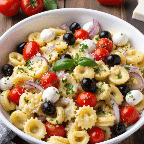 Italian pasta salad made with cheese tortellini, cherry tomatoes, black olives, red onions, and mini mozzarella balls in a white bowl.