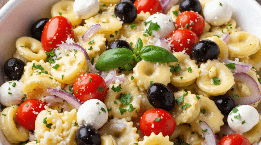 Italian pasta salad made with cheese tortellini, cherry tomatoes, black olives, red onions, and mini mozzarella balls in a white bowl.