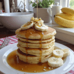 Tall stack of banana cottage cheese pancakes drizzled with maple syrup, topped with banana slices and walnuts, served on a white plate for a high-protein breakfast.