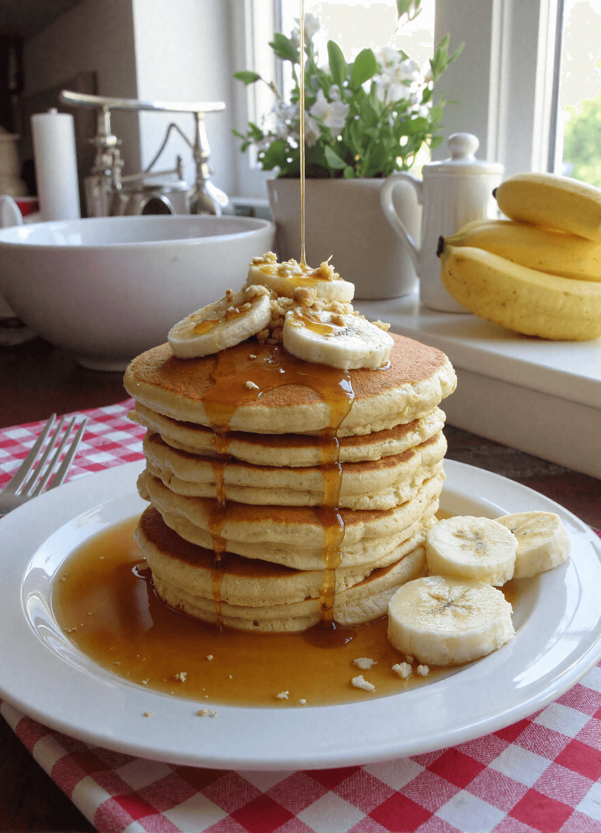 Tall stack of banana cottage cheese pancakes drizzled with maple syrup, topped with banana slices and walnuts, served on a white plate for a high-protein breakfast.