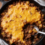 Top view of cheesy ground beef and potato skillet in a cast-iron pan with melted cheese on top.