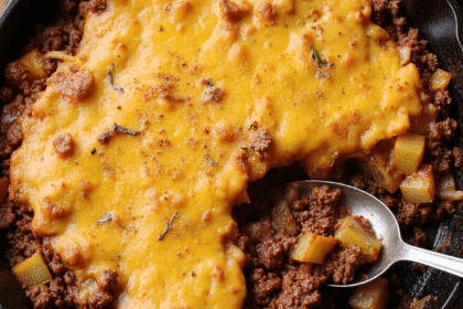 Top view of cheesy ground beef and potato skillet in a cast-iron pan with melted cheese on top.