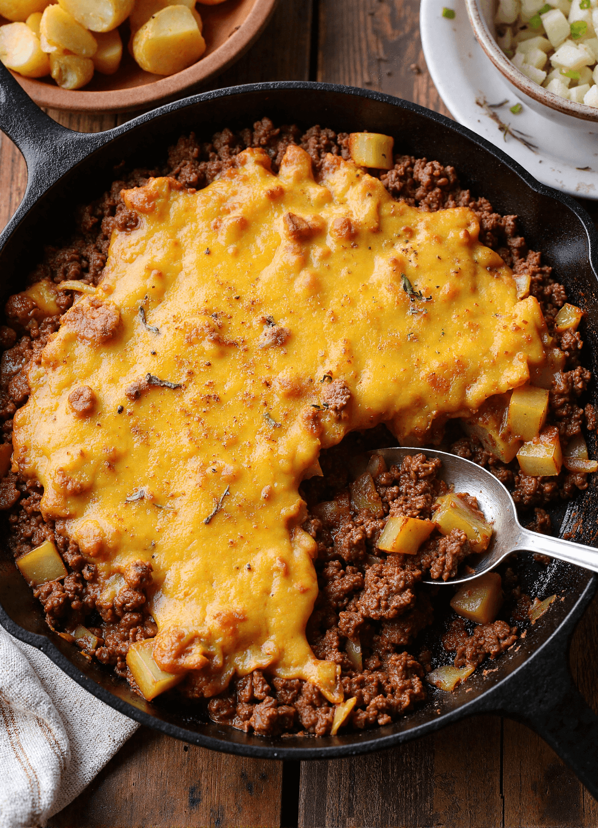 Top view of cheesy ground beef and potato skillet in a cast-iron pan with melted cheese on top.