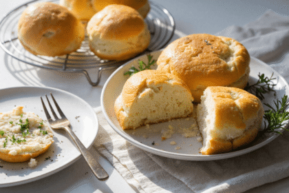 Golden cottage cheese cloud bread rolls on a plate and cooling rack, one sliced open to reveal a fluffy inside.