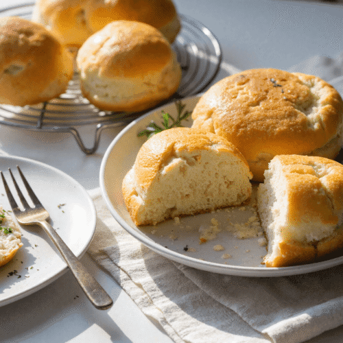 Golden cottage cheese cloud bread rolls on a plate and cooling rack, one sliced open to reveal a fluffy inside.
