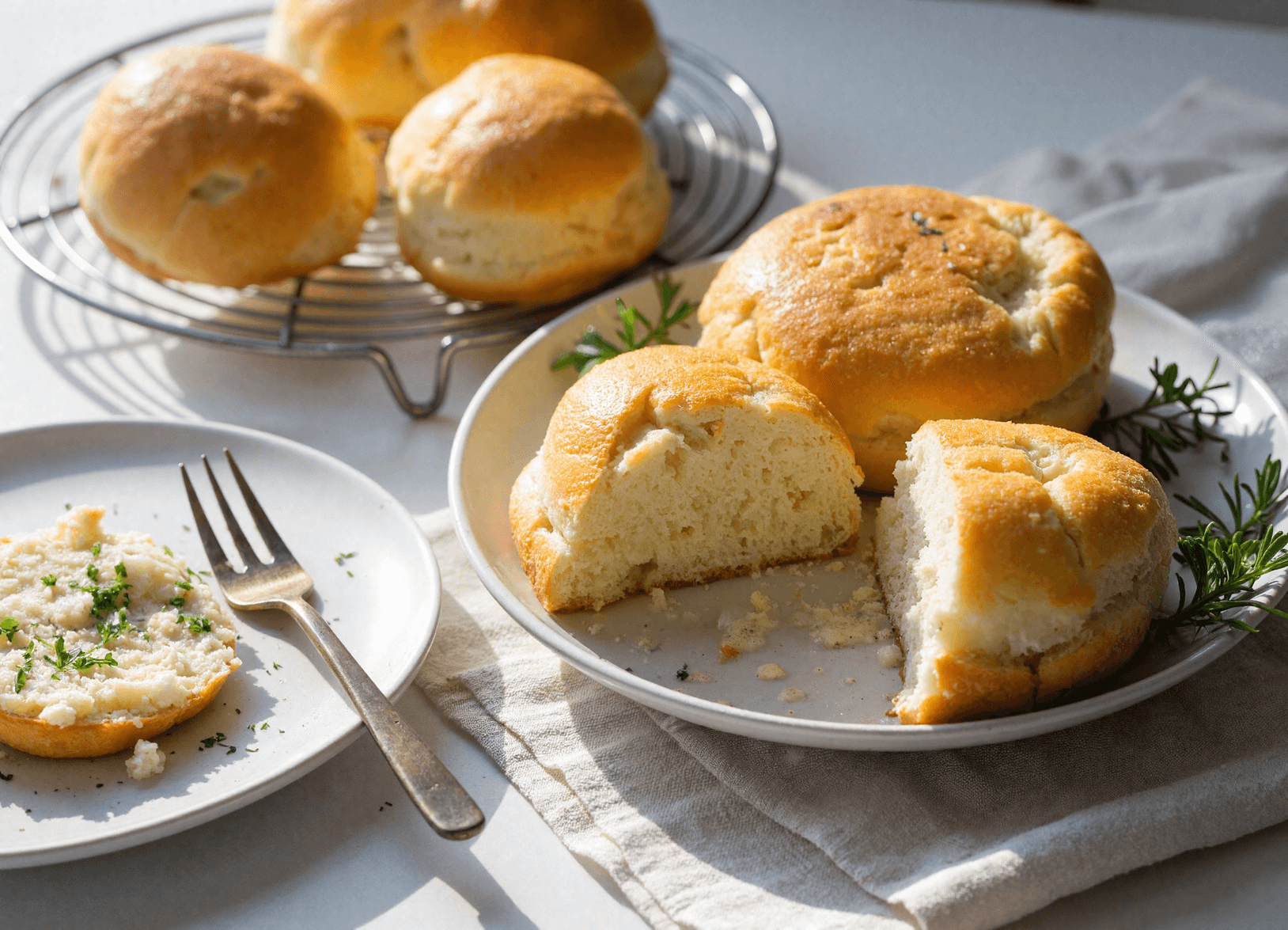 Golden cottage cheese cloud bread rolls on a plate and cooling rack, one sliced open to reveal a fluffy inside.
