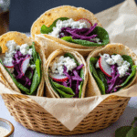 Four high-protein cottage cheese wraps with spinach, shredded red cabbage, radish slices, and soft tortillas in a wicker basket lined with parchment paper.