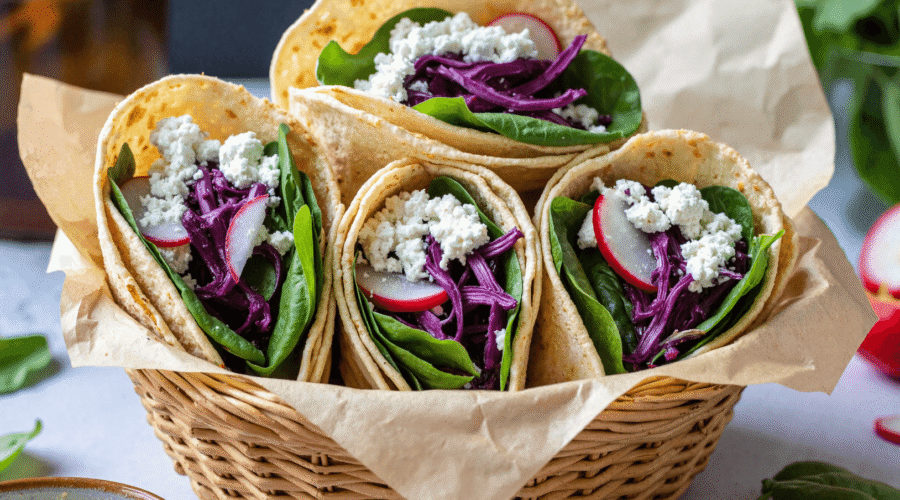 Four high-protein cottage cheese wraps with spinach, shredded red cabbage, radish slices, and soft tortillas in a wicker basket lined with parchment paper.
