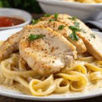 Cowboy butter chicken linguine with creamy garlic sauce and sliced chicken breast on fettuccine noodles