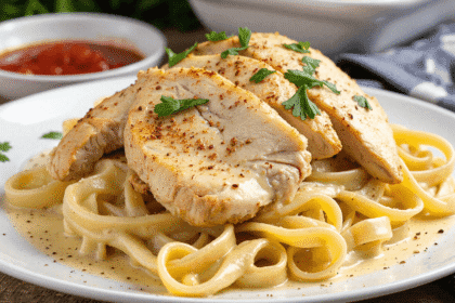 Cowboy butter chicken linguine with creamy garlic sauce and sliced chicken breast on fettuccine noodles