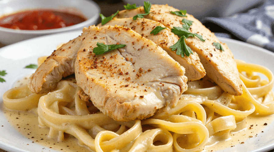 Cowboy butter chicken linguine with creamy garlic sauce and sliced chicken breast on fettuccine noodles