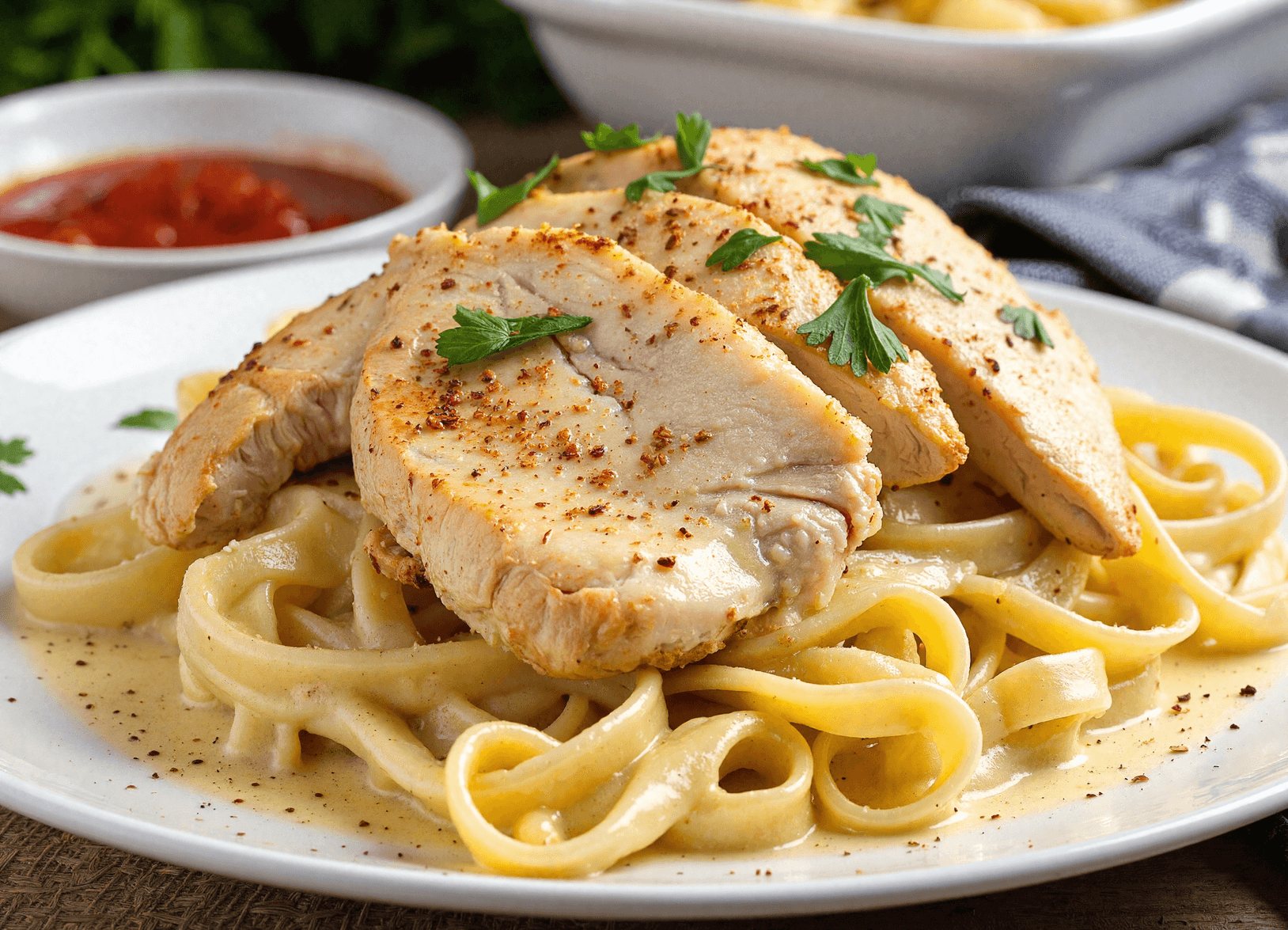 Cowboy butter chicken linguine with creamy garlic sauce and sliced chicken breast on fettuccine noodles