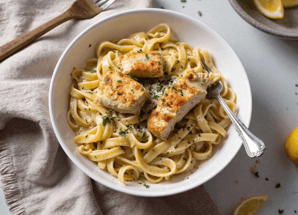 Bowl of creamy cowboy butter chicken linguine topped with pan-seared chicken and parsley
