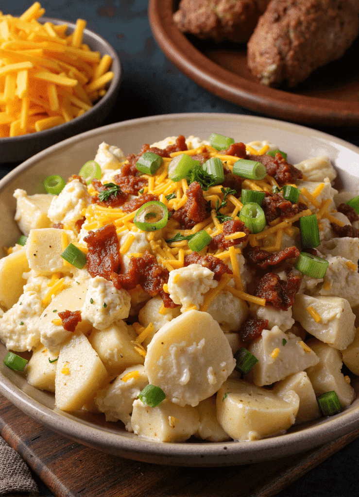 Bowl of tangy and creamy steakhouse potato salad with bacon, cheddar cheese, and green onions on top, served with a side of fried chicken.