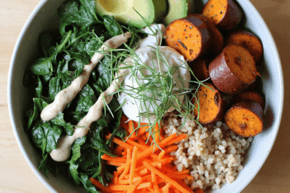 Bright overhead view of a nourishing bowl with roasted sweet potatoes, cooked quinoa, sautéed spinach, shredded carrots, avocado, creamy tahini dressing, and fresh herbs.