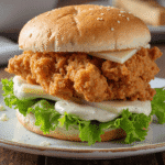 Crispy golden chicken sandwich with Caesar dressing, romaine lettuce, and cheese on a toasted bun