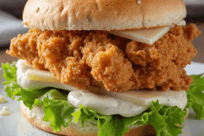 Crispy golden chicken sandwich with Caesar dressing, romaine lettuce, and cheese on a toasted bun