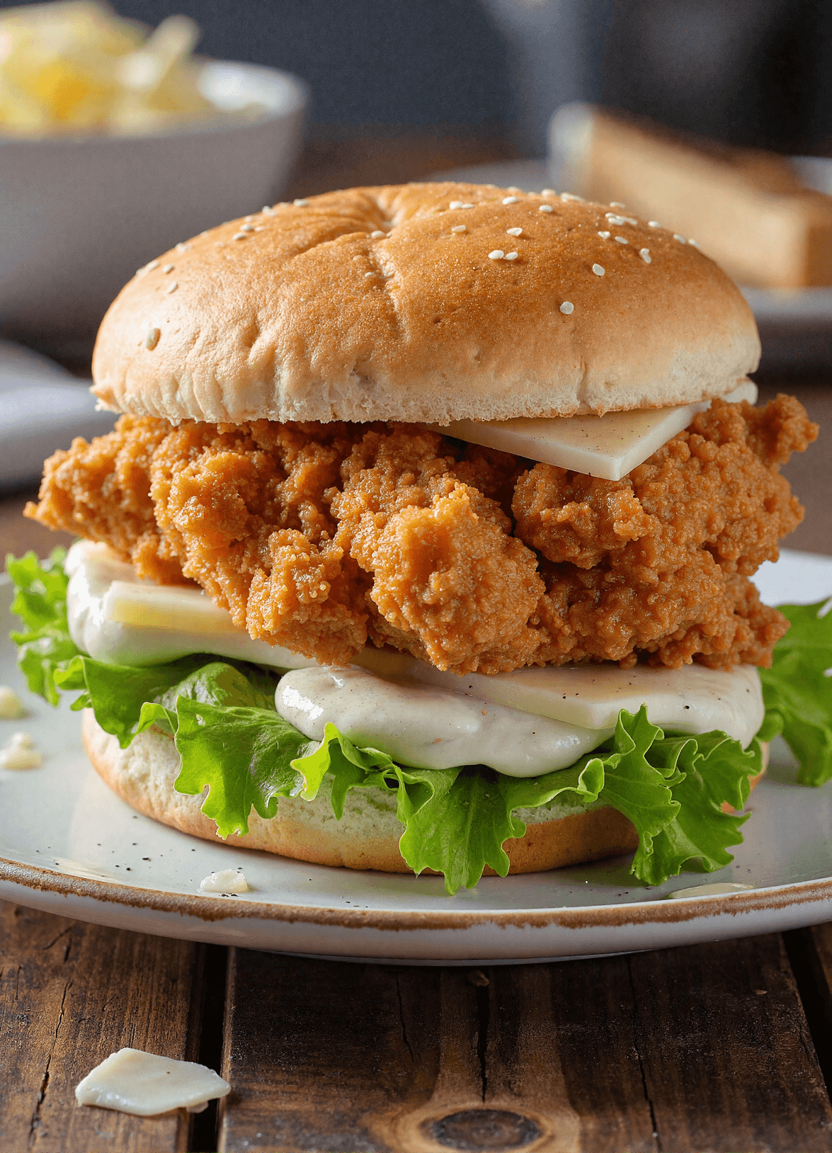 Crispy golden chicken sandwich with Caesar dressing, romaine lettuce, and cheese on a toasted bun