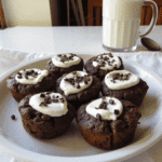 A plate of seven Greek yogurt chocolate oatmeal cups topped with creamy yogurt and mini chocolate chips, served with a glass of milk.