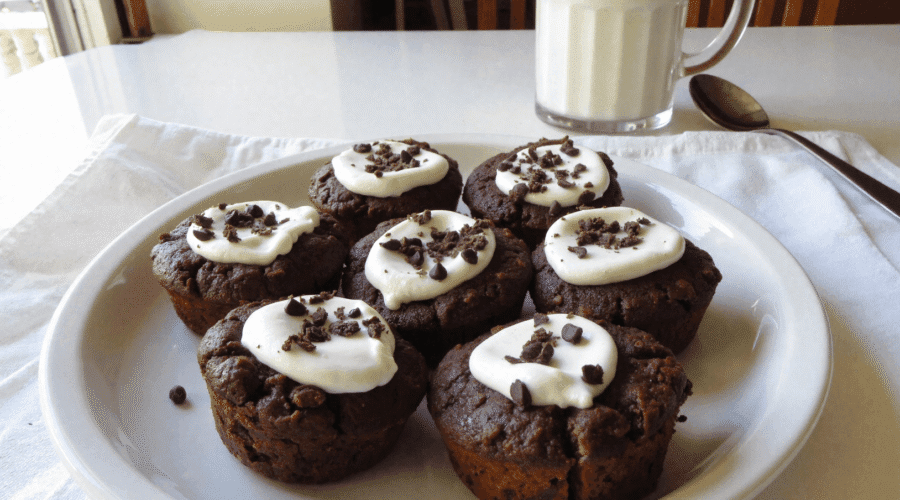 A plate of seven Greek yogurt chocolate oatmeal cups topped with creamy yogurt and mini chocolate chips, served with a glass of milk.