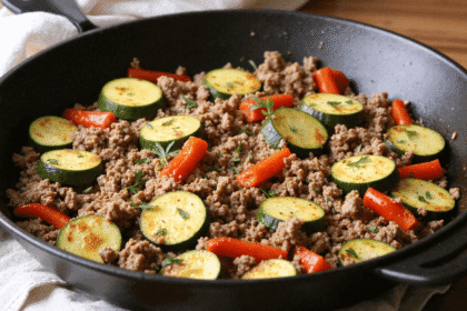 Skillet filled with cooked ground turkey, zucchini slices, and red bell peppers, garnished with fresh herbs.