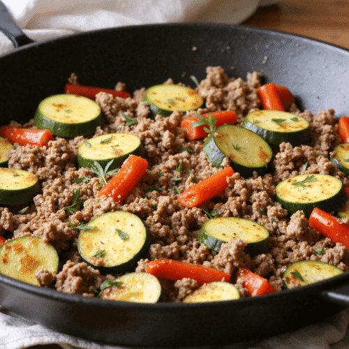 Skillet filled with cooked ground turkey, zucchini slices, and red bell peppers, garnished with fresh herbs.