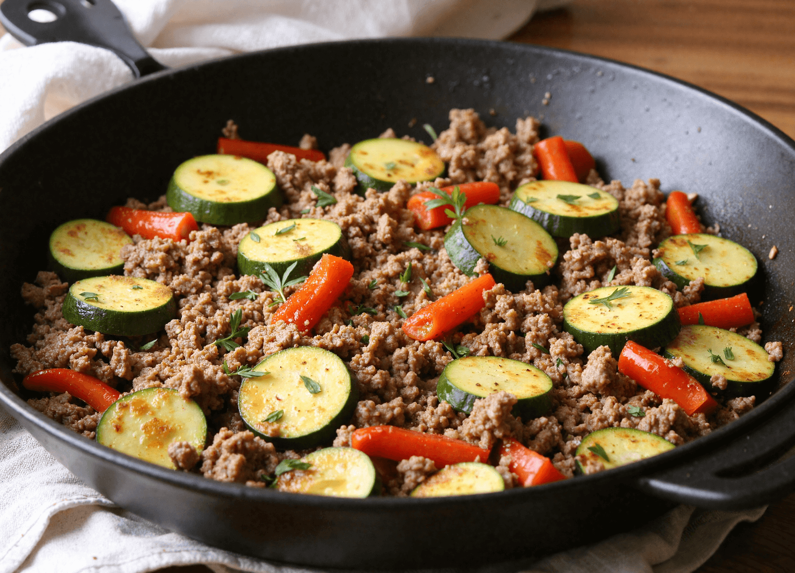 Skillet filled with cooked ground turkey, zucchini slices, and red bell peppers, garnished with fresh herbs.