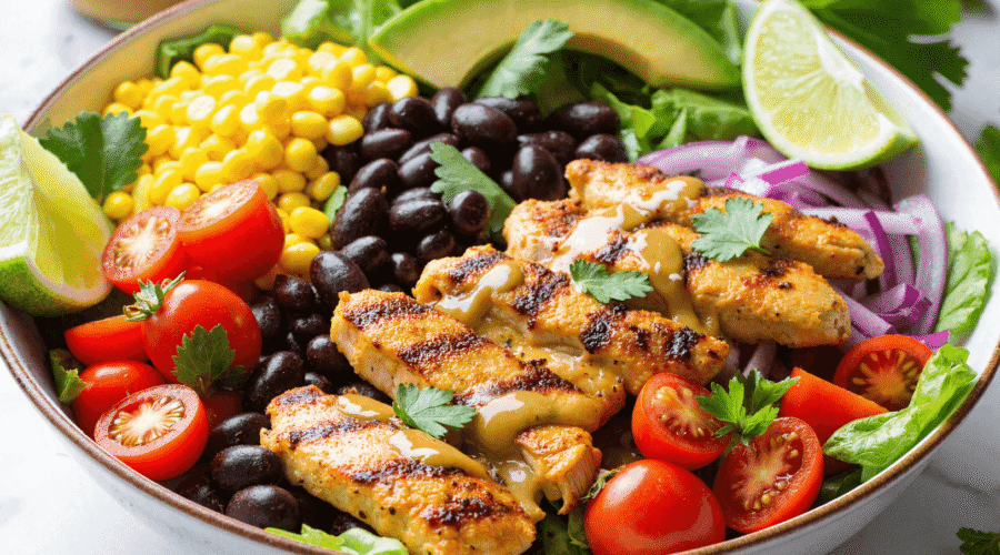 Grilled chicken salad bowl with corn, black beans, avocado, cherry tomatoes, and red onion on a bed of greens.